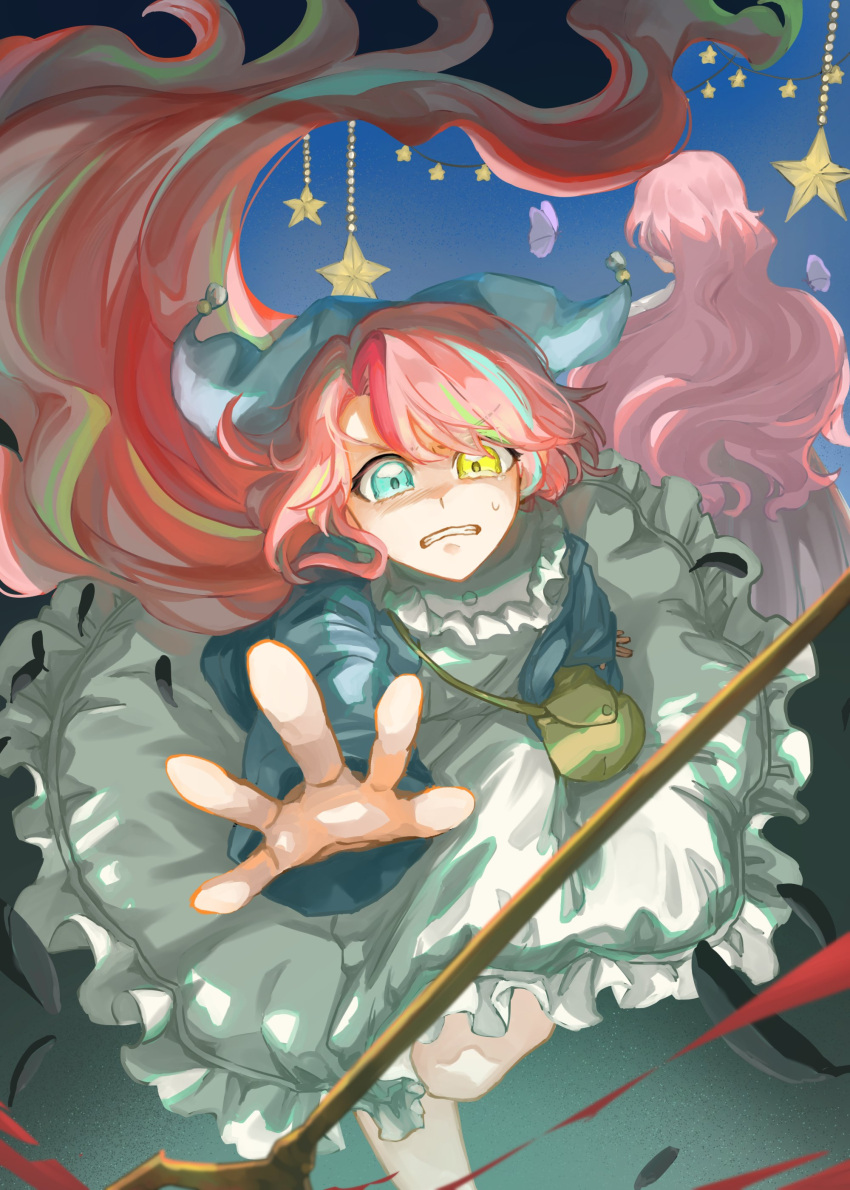 1girl, absurdres, bag, blonde_hair, blue_eyes, blue_hair, bug, butterfly