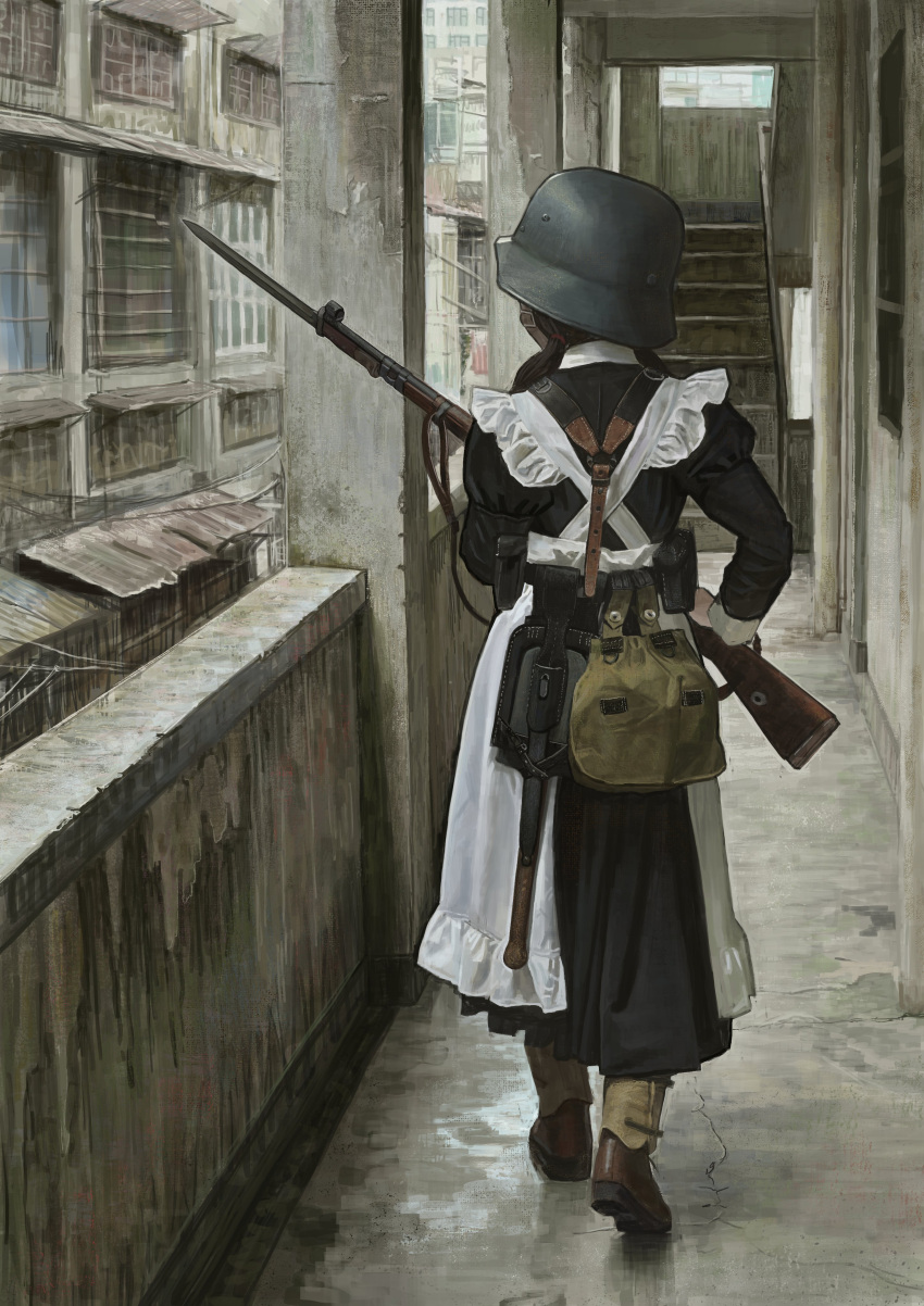 1girl, absurdres, apron, bayonet, black_dress, bolt_action, combat_helmet, dress
