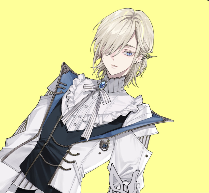 1boy, black_vest, blue_eyes, blue_gem, brooch, clock_hands, colored_eyelashes, contrast_lapels
