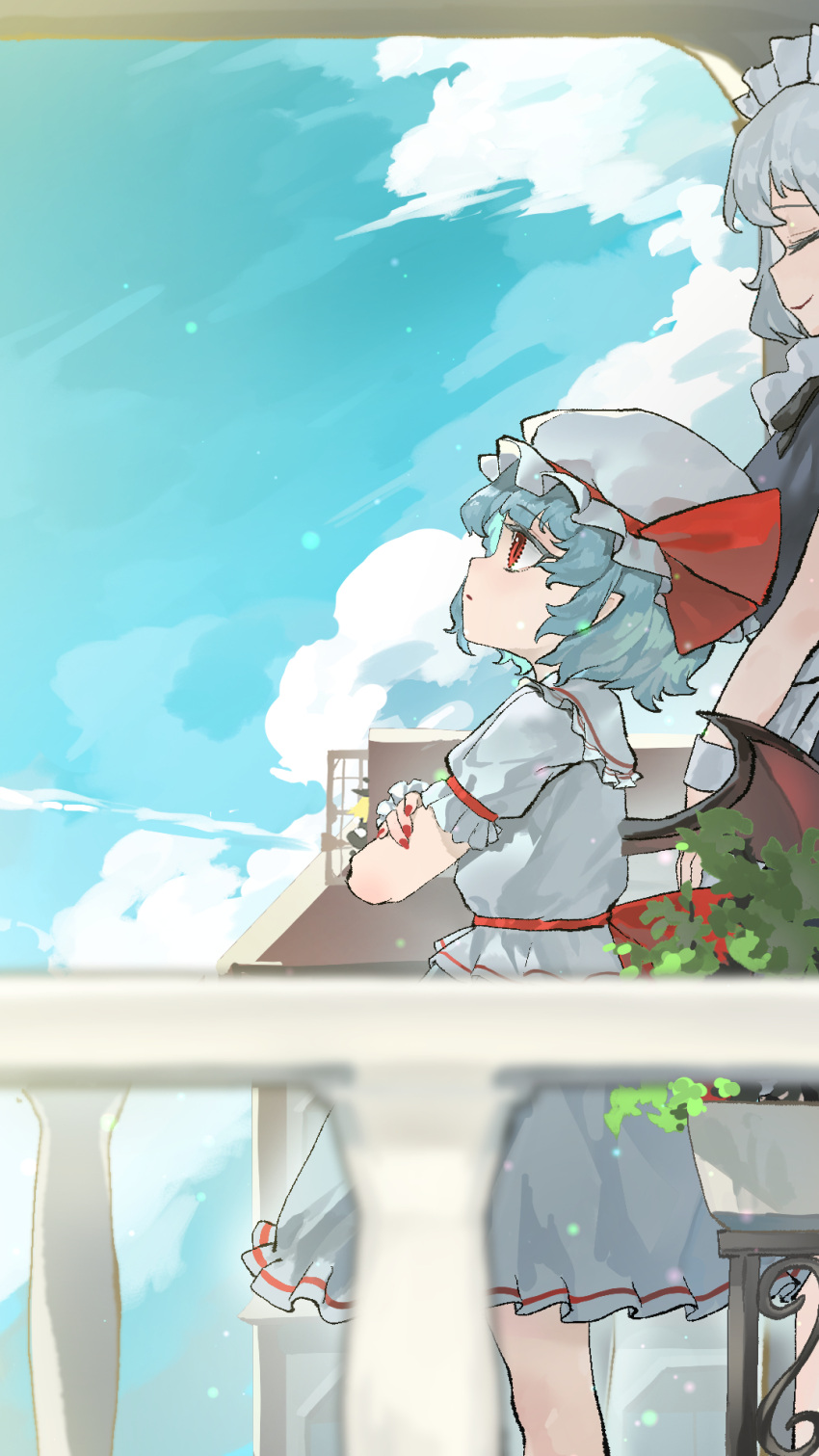 2girls, apron, bat_wings, blue_hair, blue_sky, blurry, chinese_commentary, closed_eyes