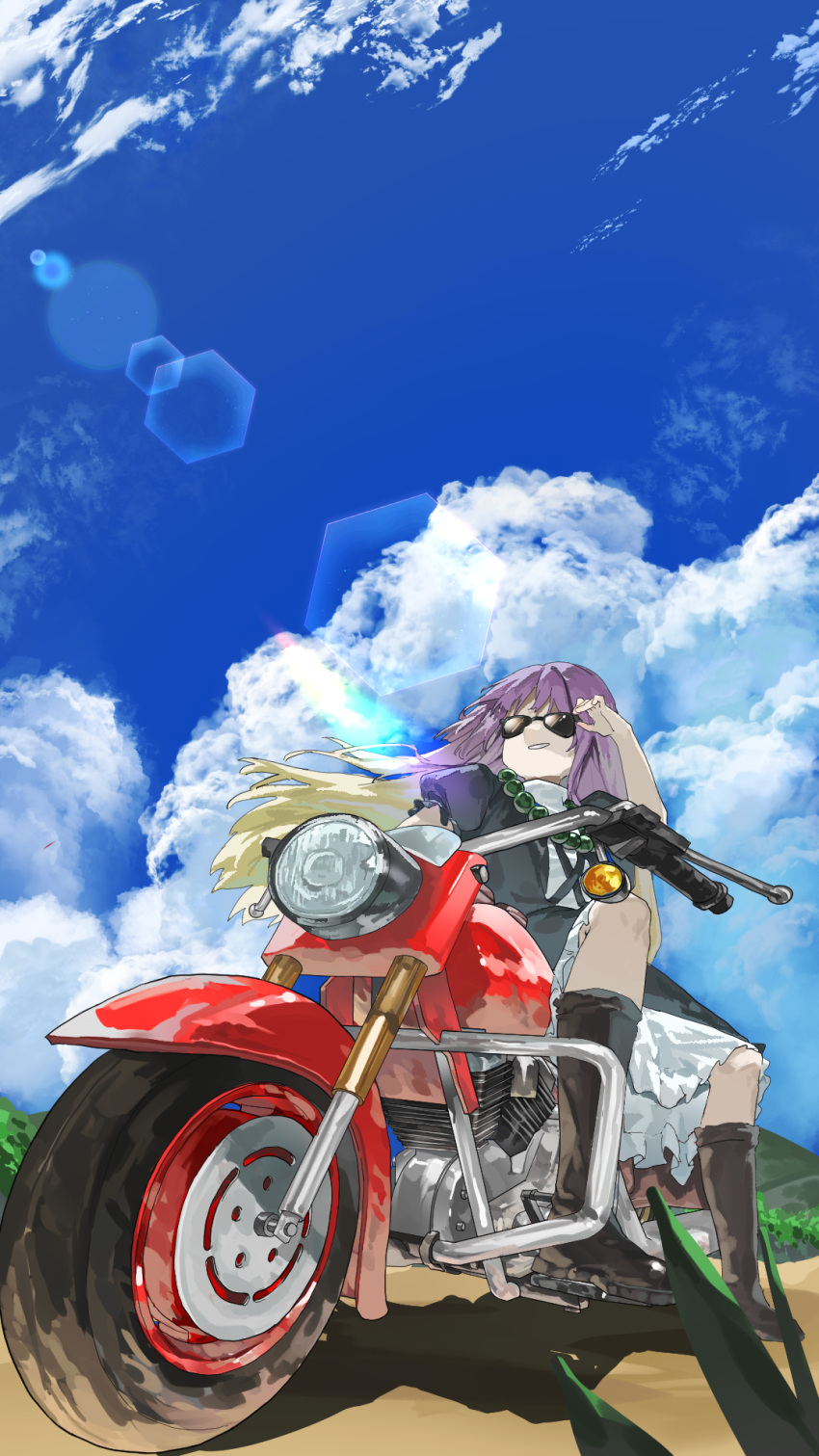 1girl, black_dress, blonde_hair, blue_sky, boots, brown_boots, chinese_commentary, clouds