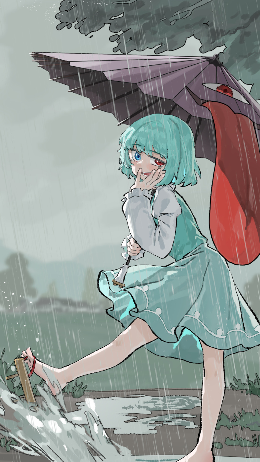 1girl, blue_eyes, blue_hair, blue_vest, brown_sandals, chinese_commentary, commentary_request, geta