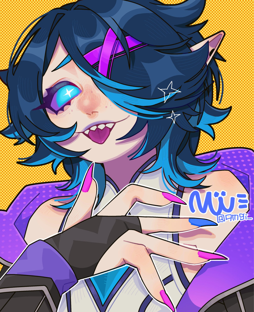 1girl, bare_shoulders, battle_academia_briar, black_bridal_gauntlets, blue_eyes, blue_hair, blue_nails, blue_streaks