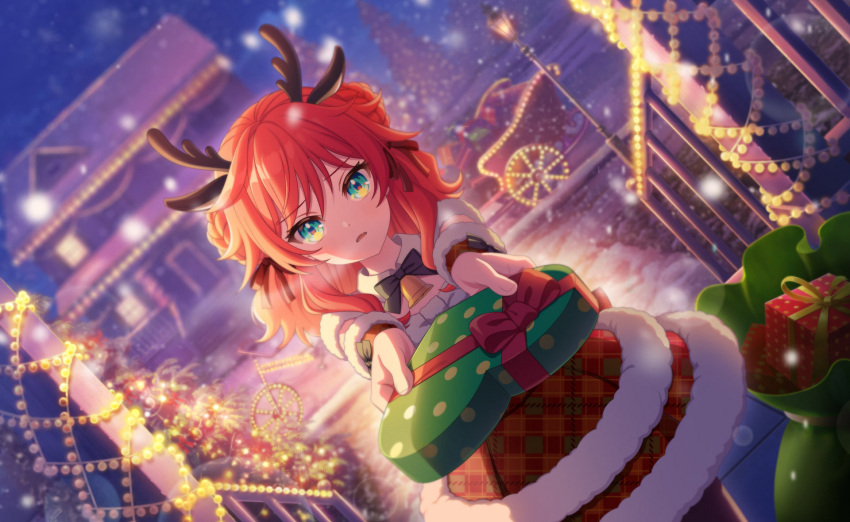 1girl, antlers, box, christmas, christmas_ornaments, christmas_tree, commentary_request, dress