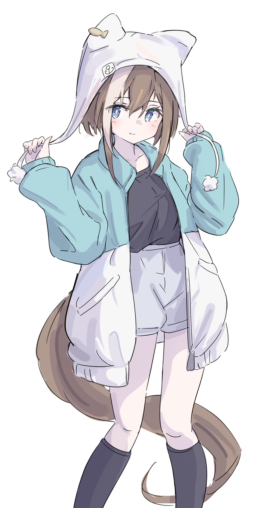 1girl, animal_ears, black_shirt, black_socks, blue_coat, blue_eyes, blush, brown_hair