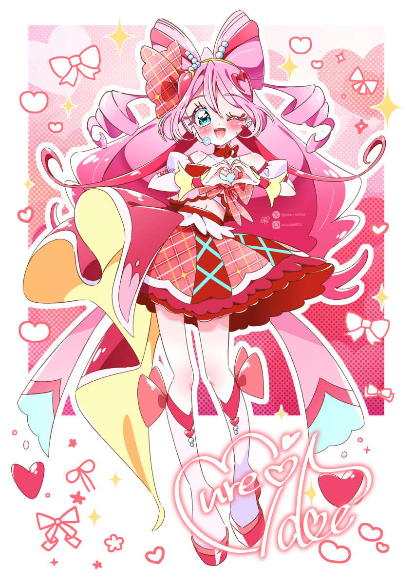 1girl, ;d, absurdres, arm_warmers, bare_shoulders, blue_eyes, blush, boots