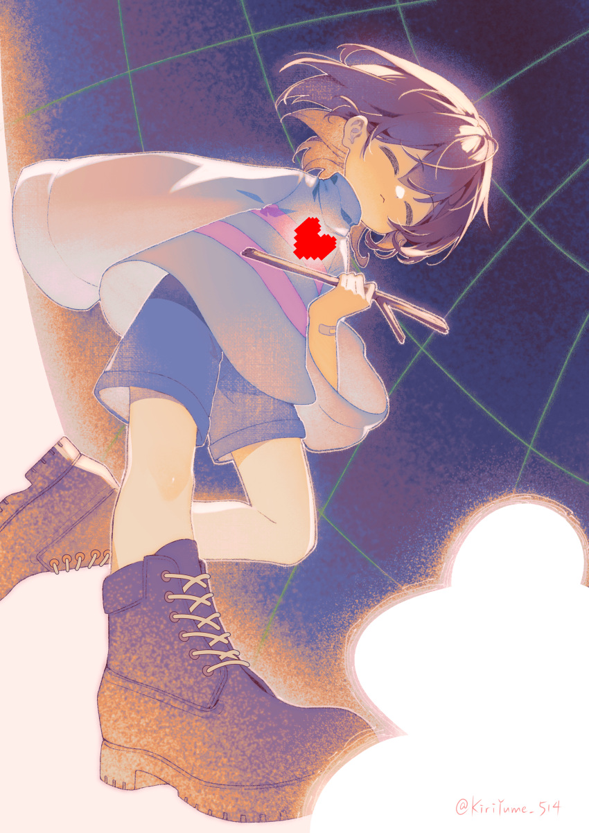 1other, absurdres, bandaid_on_wrist, blue_shorts, blue_sweater, boots, brown_boots, brown_hair, child, closed_eyes, closed_mouth, colored_skin, commentary, english_commentary, frisk_(undertale), from_below, hair_between_eyes, heart, highres, holding, holding_stick, kiriyume, lace-up_boots, other_focus, pixel_heart, short_hair, shorts, solo, standing, standing_on_one_leg, stick, striped_clothes, striped_sweater, sweater, turtleneck, turtleneck_sweater, twitter_username, undertale, utdr_(toby_fox), yellow_skin