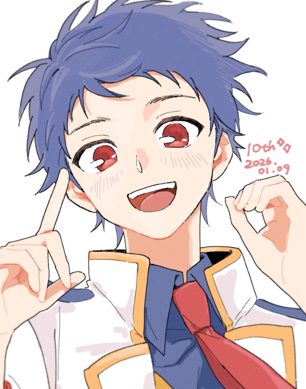 1boy, :d, anniversary, blue_hair, blue_shirt, collared_shirt, commentary_request, dated, finger_counting, hands_up, highres, ichijou_shin, king_of_prism, looking_at_viewer, mainichi_ga_tanoshii, male_focus, necktie, open_mouth, pretty_rhythm, pretty_series, red_eyes, red_necktie, shirt, short_hair, simple_background, smile, solo, upper_body, white_background