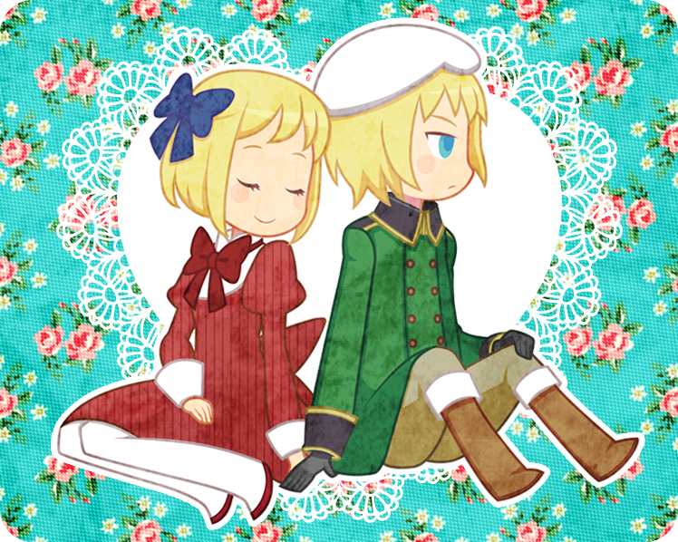 1girl, axis_powers_hetalia, blonde_hair, blue_eyes, couple, flower, lace, liechtenstein_(hetalia), shio_(orange_lounge), shio_(pixiv151189), short_hair, smile, switzerland_(hetalia)
