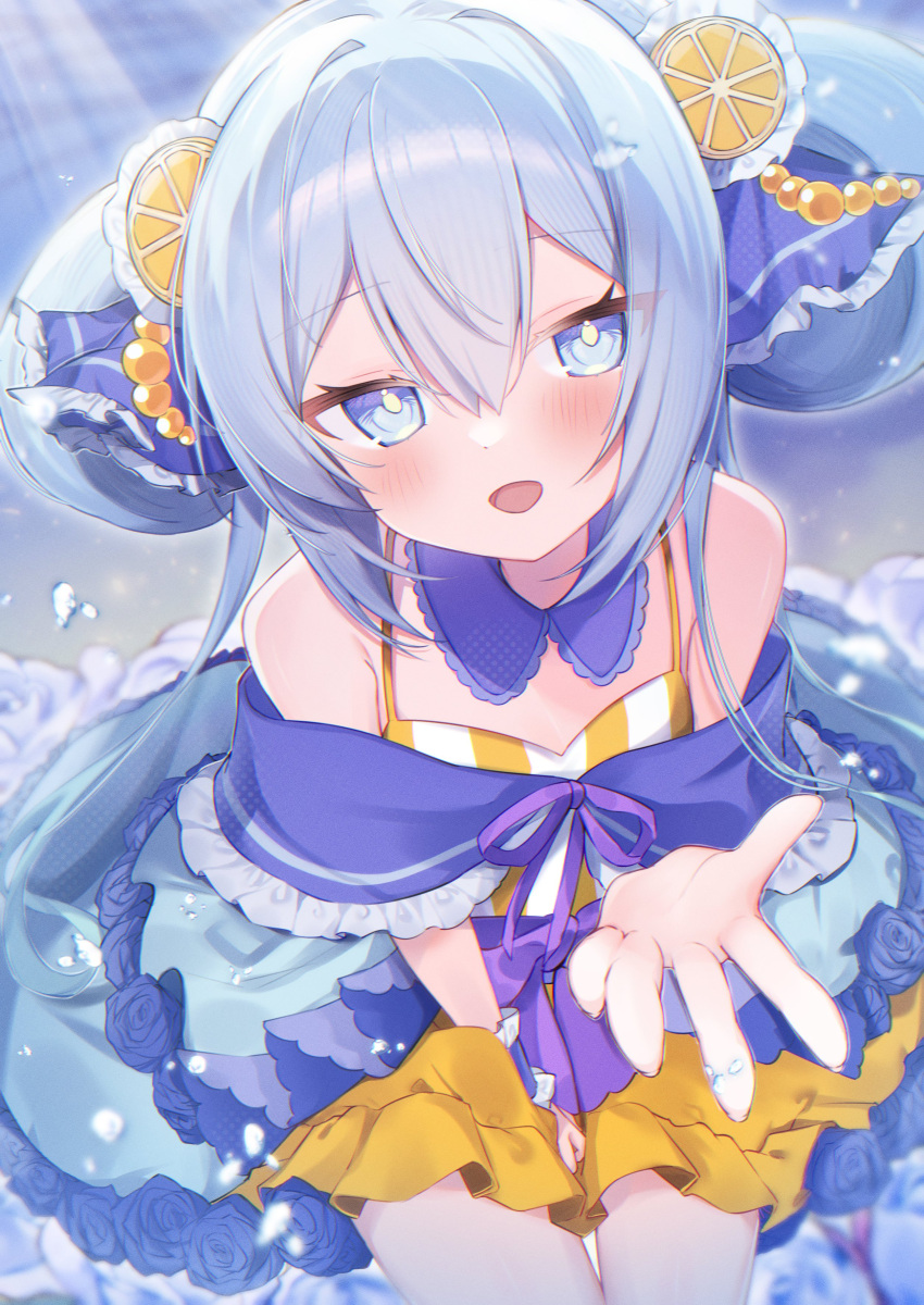 1girl, absurdres, bare_shoulders, between_legs, blue_collar, blue_dress, blue_eyes, blush
