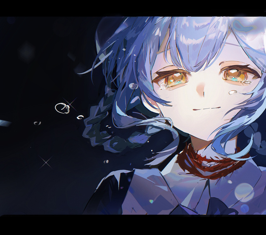 1girl, black_background, blue_hair, braid, braided_hair_rings, chinese_commentary, closed_mouth, commentary_request