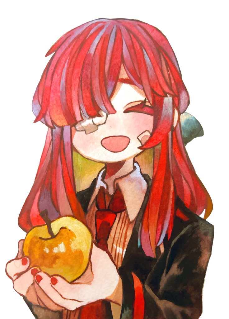 1girl, apple, bandage_on_face, bandages, black_jacket, blunt_bangs, collared_shirt, colored_inner_hair
