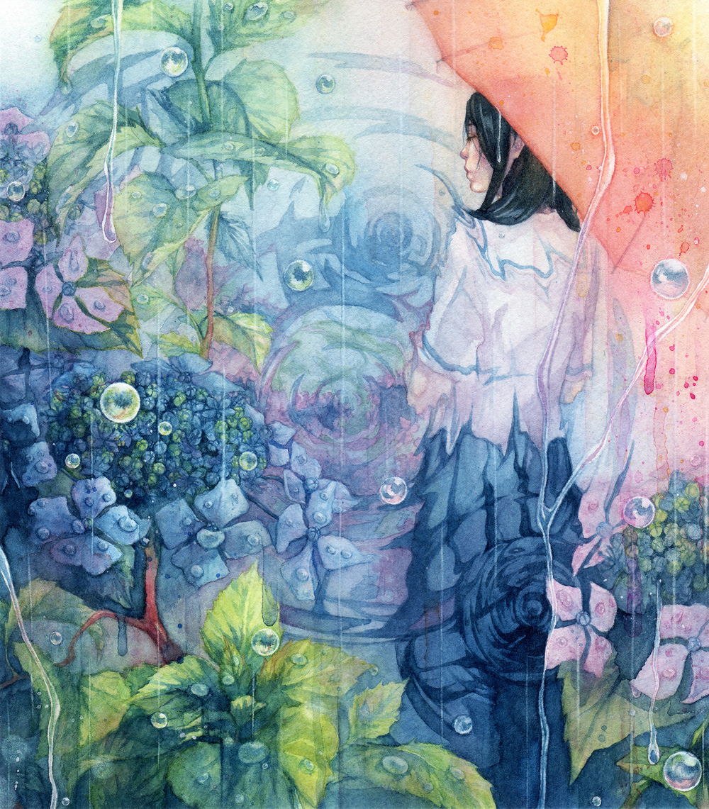 black_hair, flower, from_behind, hydrangea, original, plant, rain, reflection, ripples, shuka_(taupe), surreal, traditional_media, umbrella, water, water_drop, watercolor_(medium)