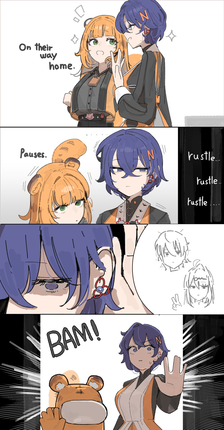 1boy, 3girls, absurdres, among_us, animal_ears, azz0422, belle_(delicate_sunlight)_(zenless_zone_zero), belle_(zenless_zone_zero), blue_eyes, blue_hair, breasts, chinese_clothes, crewmate_(among_us), hair_between_eyes, hair_ornament, highres, ju_fufu, letter_hair_ornament, multiple_girls, official_alternate_costume, open_mouth, orange_hair, short_hair, tail, tiger_ears, tiger_girl, tiger_tail, wise_(soaring_crane)_(zenless_zone_zero), wise_(zenless_zone_zero), yixuan_(zenless_zone_zero), zenless_zone_zero