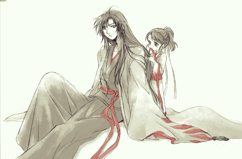 2boys, adoptive_parent_and_adoptive_child, aged_down, ahoge, alternate_hairstyle, black_hair, black_hanfu, child, chinese_clothes, closed_mouth, coat, grey_coat, grey_eyes, hair_down, hair_ribbon, hairdressing, hanfu, high_ponytail, holding, holding_another's_hair, holding_ribbon, knee_up, lan_sizhui, lan_sizhui_(young), long_hair, long_sleeves, looking_at_another, modao_zushi, monochrome, mouth_hold, mugiwara0077, multiple_boys, official_alternate_costume, open_clothes, open_coat, parted_bangs, ponytail, red_ribbon, red_sash, ribbon, ribbon_in_mouth, robe, sash, sidelocks, simple_background, sitting, sleeves_past_wrists, smile, spot_color, standing, traditional_media, very_long_hair, wei_wuxian, wei_wuxian_(yiling_laozu), white_background, white_hanfu, wide_sleeves