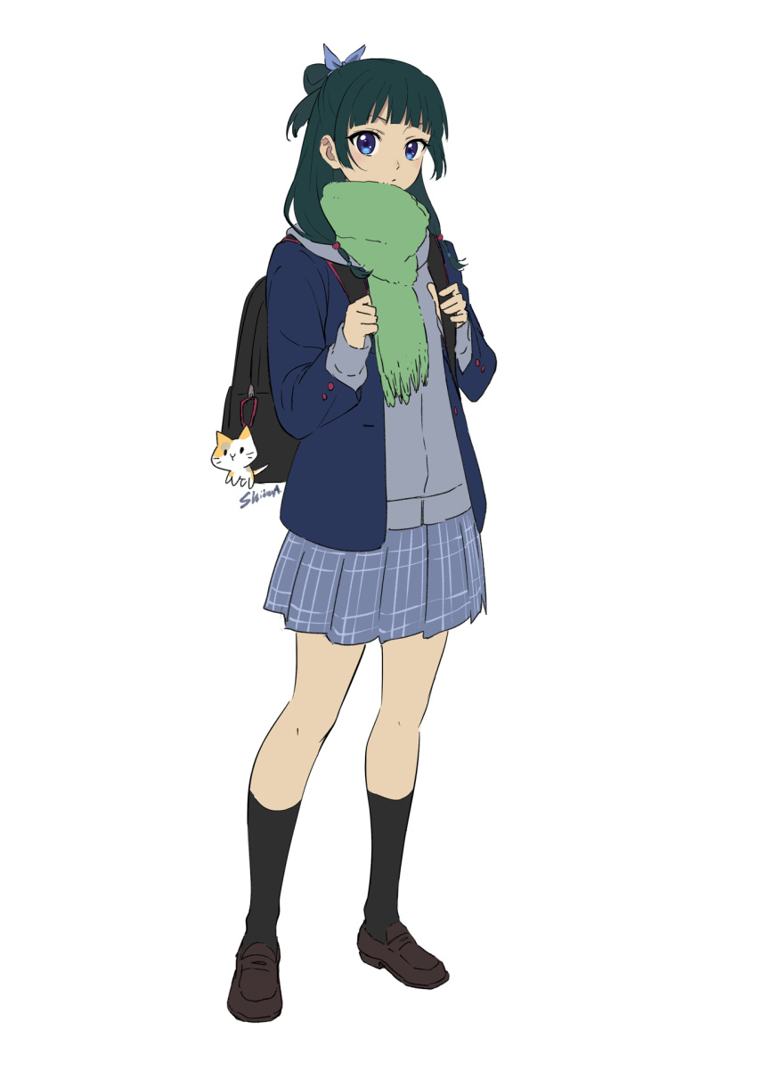 1girl, backpack, bag, bag_charm, black_hair, black_socks, blue_eyes, charm_(object)