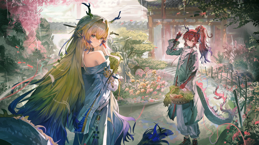1boy, 1girl, absurdres, architecture, arknights, bare_shoulders, basket, blonde_hair