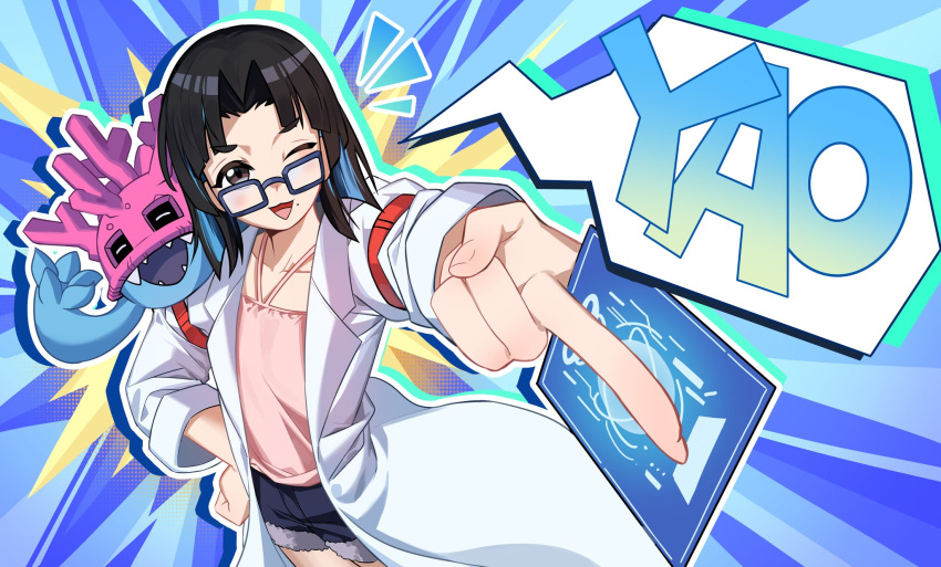 10_09hwan, 1girl, black_eyes, black_hair, blue_background, blue_hair, blue_shorts, card