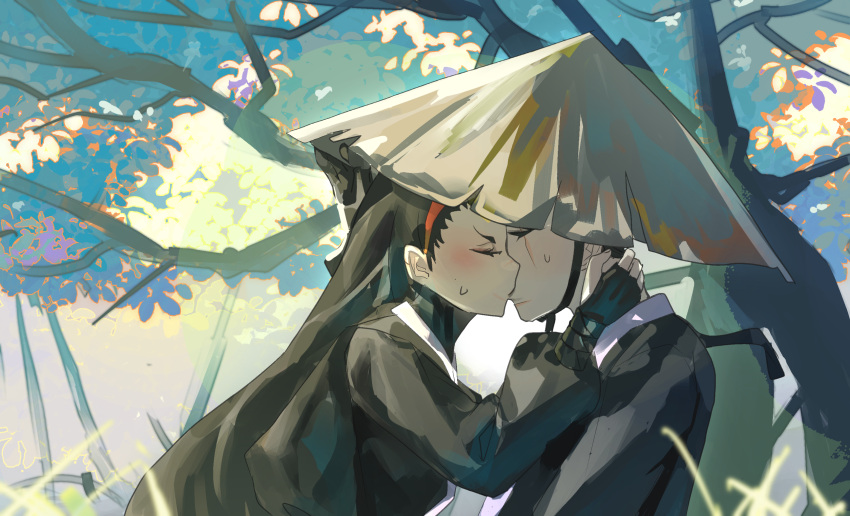 1boy, 1girl, absurdres, aeng-du_(project_moon), bamboo-hatted_kim, black_gloves, black_hair, black_kimono