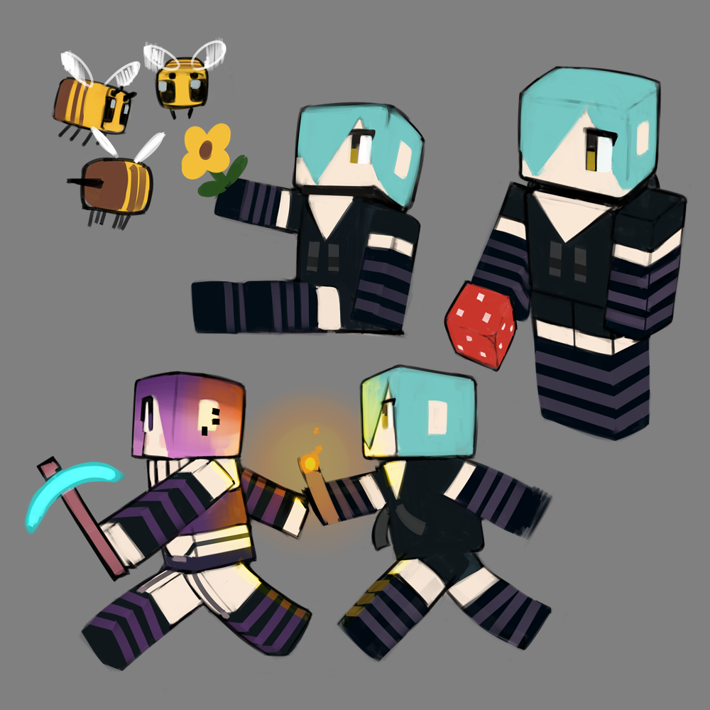2boys, 2n5, aqua_hair, bee_(minecraft), black_hoodie, crop_top, ear_piercing, emo_fashion