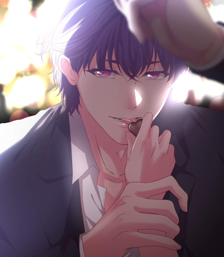 1boy, arthur_morante, blurry, blurry_background, candy, chocolate, enjelicious, food