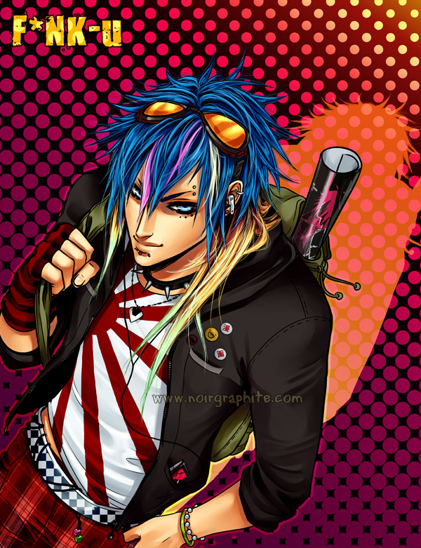 backpack, blue_eyes, boy, male, multicolored_hair, piercings, rocker