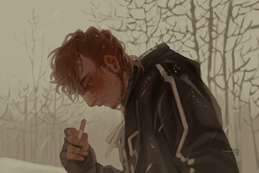 1boy, afraid_of_monsters, bandage_on_face, bandages, beard_stubble, black_gloves, black_hoodie, brown_hair