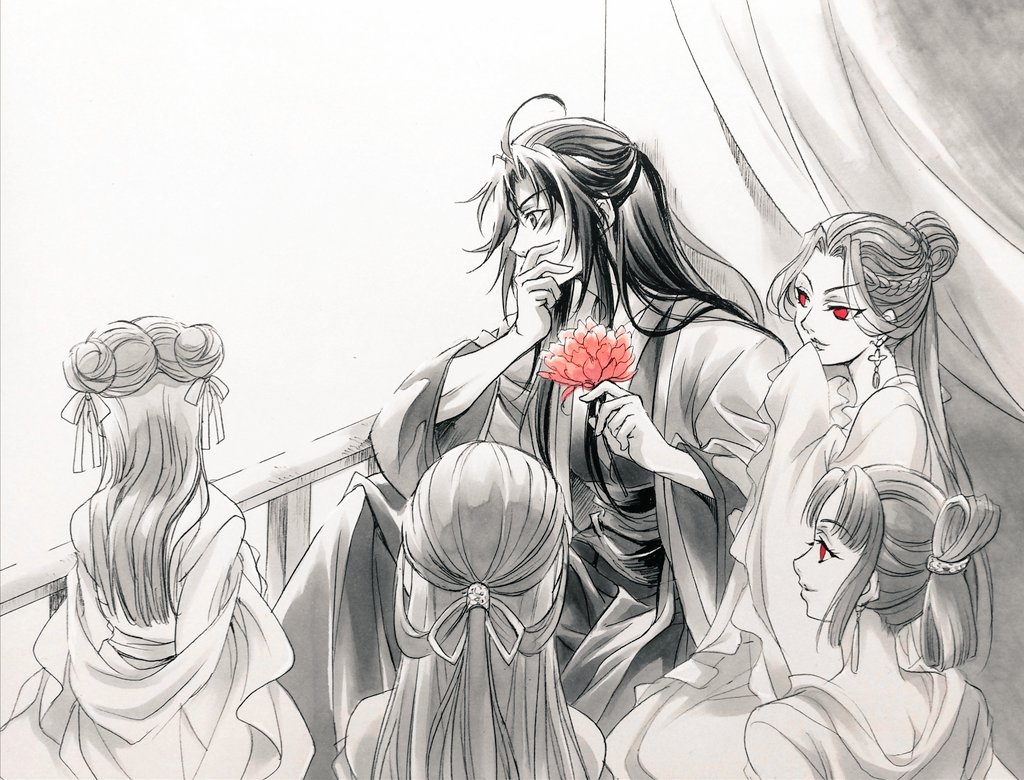 1boy, 4girls, against_railing, ahoge, balcony, black_hair, blush, braid