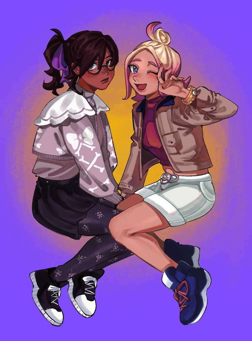 2girls, black_skirt, bone_print, bow, bow_print, brown_hair, brown_jacket, cardigan