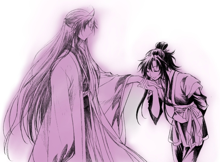 2boys, ahoge, arm_behind_back, chinese_clothes, clone, closed_eyes, closed_mouth, coat, commentary_request, cosplay, dual_persona, hair_bun, hair_down, hair_ribbon, half_updo, hanfu, holding_hands, kiss, kissing_hand, leaning_forward, long_hair, long_sleeves, male_focus, mo_xuanyu, mo_xuanyu_(cosplay), modao_zushi, monochrome, mugiwara0077, multiple_boys, official_alternate_costume, official_alternate_hairstyle, open_clothes, open_coat, pink_theme, ponytail, profile, purple_theme, ribbon, robe, sash, selfcest, sidelocks, simple_background, single_hair_bun, smile, standing, time_paradox, very_long_hair, wei_wuxian, wei_wuxian_(yiling_laozu), white_background, wide_sleeves