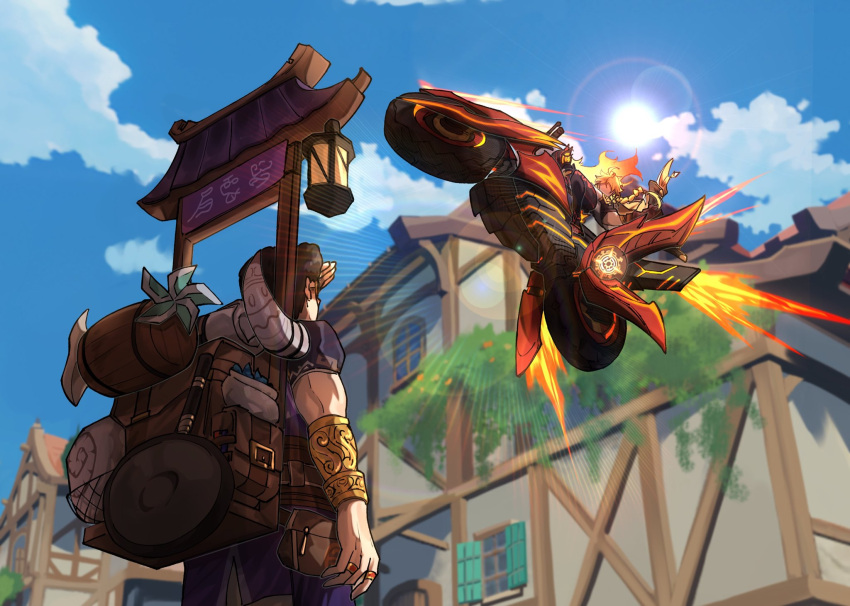 1girl, 2boys, aether_(genshin_impact), backpack, bag, blonde_hair, bracelet, braid, fiery_hair, fire, flamestrider_(genshin_impact), genshin_impact, helmet, highres, jewelry, lamp, lens_flare, liben_(genshin_impact), mavuika_(genshin_impact), motor_vehicle, motorcycle, motorcycle_helmet, multiple_boys, pinwheel, ring, yuka_(pixiv38407039)