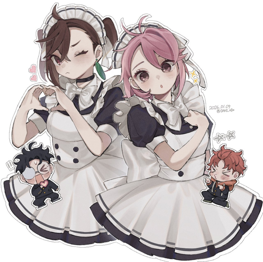 !, !!, >3<, 2boys, 2girls, apron, ayase_momo, black_choker