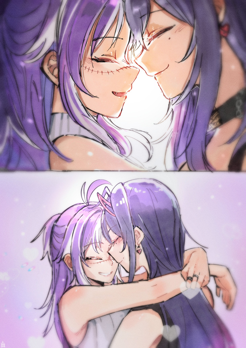 2girls, absurdres, akuma_nihmune, arms_around_neck, blush, closed_eyes, closed_mouth, commentary