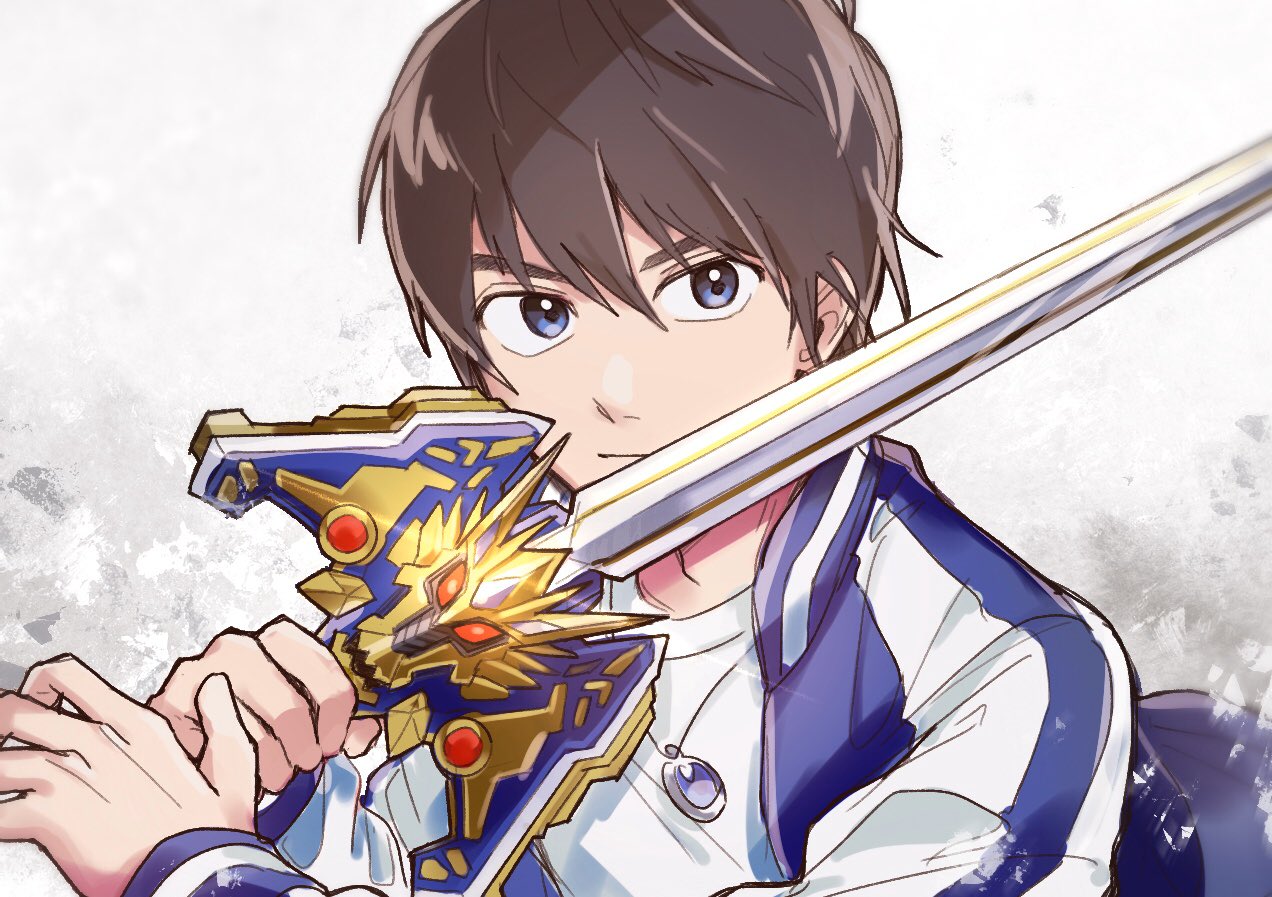 1boy, anniversary, black_eyes, blue_jacket, brown_hair, commentary_request, gekiryuken, holding