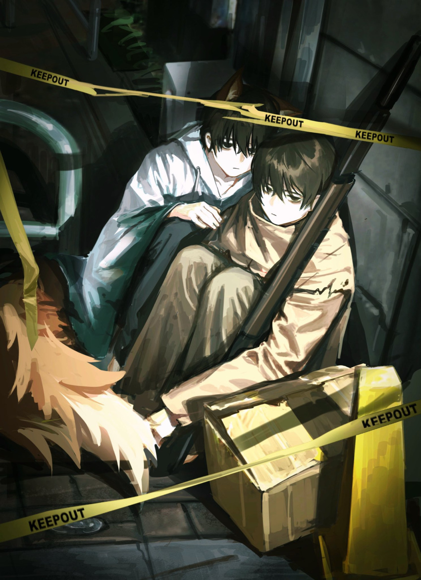 2boys, alley, animal_ears, bags_under_eyes, black_eyes, black_hair, box, cardboard_box
