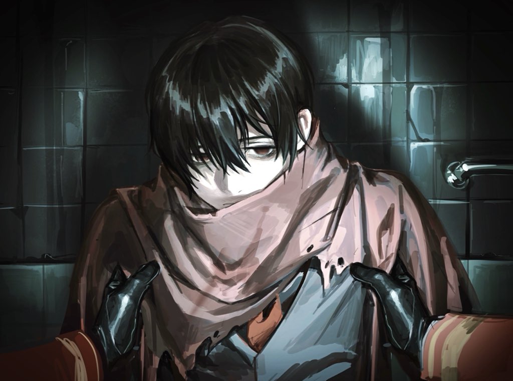 1boy, 1other, bags_under_eyes, black_eyes, black_gloves, black_hair, black_shirt, black_vest