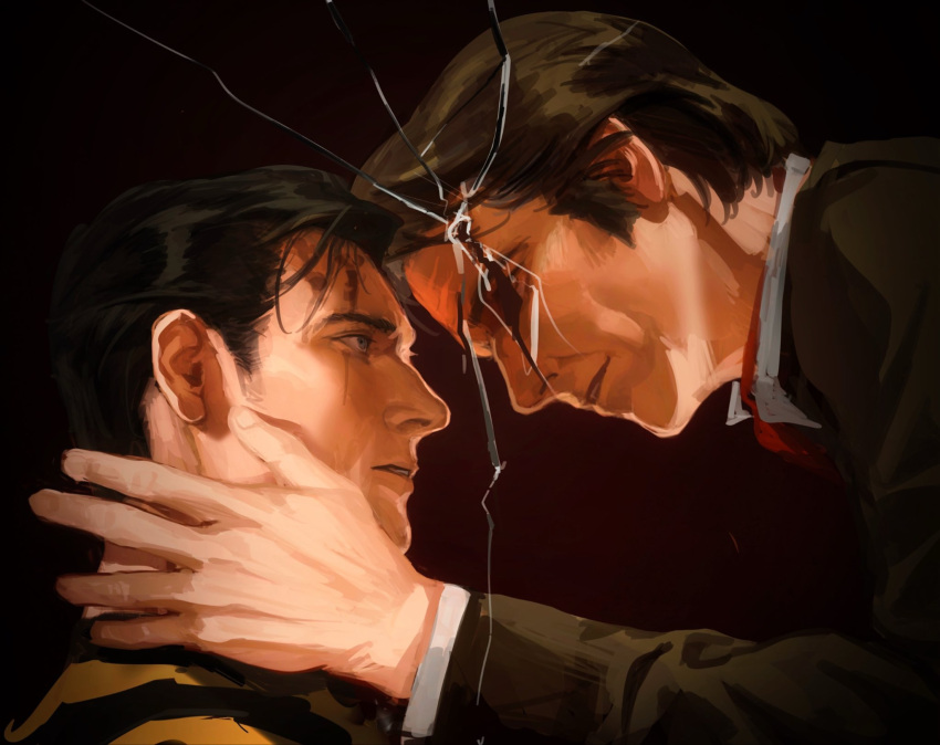 2boys, black_coat, black_hair, broken_glass, character_request, coat, collared_shirt, commentary