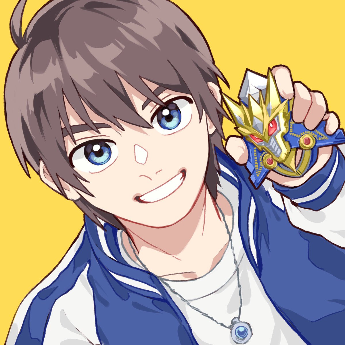 1boy, anniversary, black_eyes, blue_jacket, brown_hair, commentary_request, gekiryuken, highres