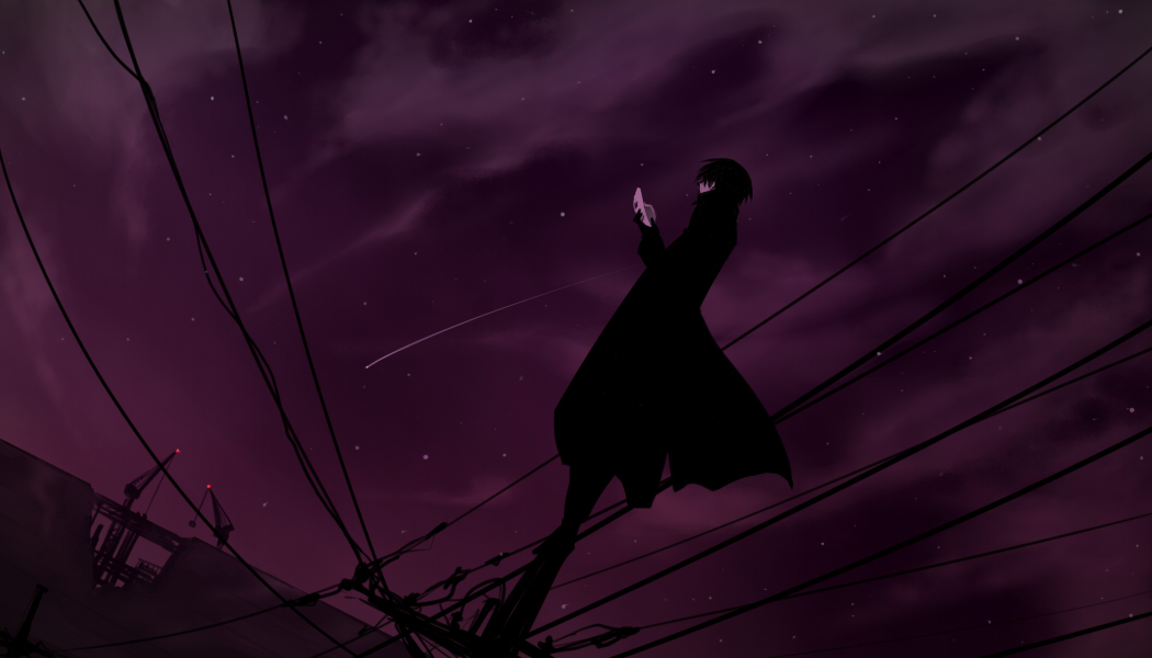 darker_than_black, dutch_angle, hei, mask, night, night_sky, power_lines, purple, shooting_star, sky, solo, star, telephone_pole, yel