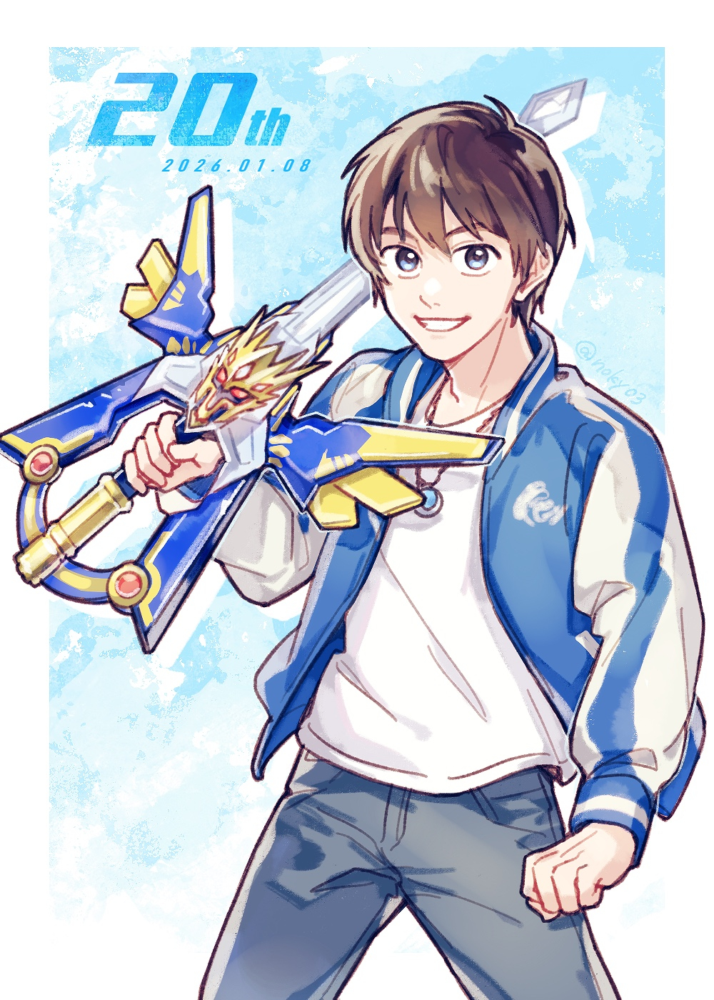 1boy, anniversary, black_eyes, blue_jacket, blue_pants, brown_hair, commentary_request, gekiryuken