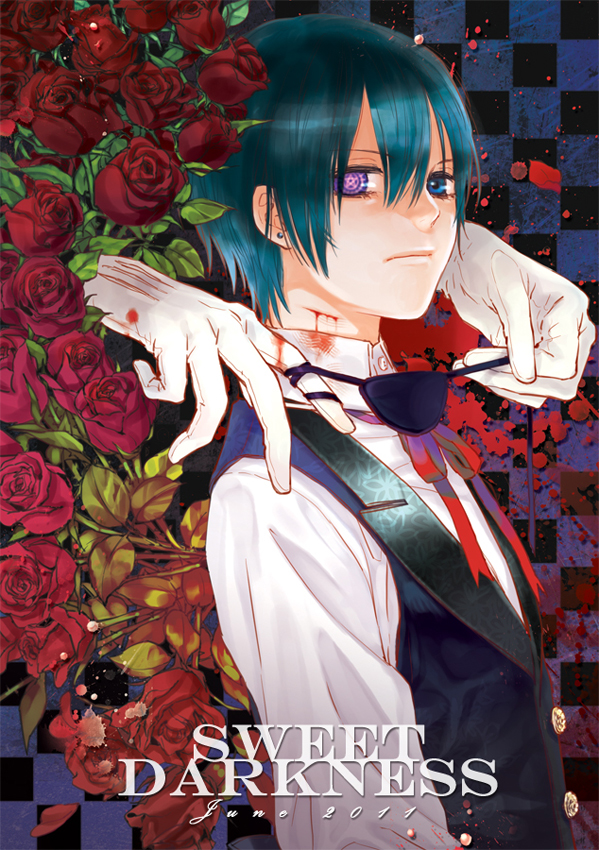 bleeding, blood, blood_splatter, blue_hair, ciel_phantomhive, cuts, disembodied_limb, earrings