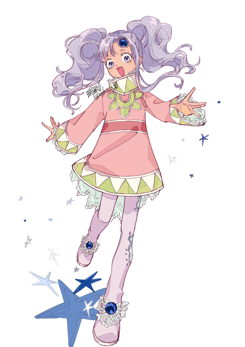 1girl, :d, absurdres, boots, dark-skinned_female, dark_skin, dress, forehead_jewel, full_body, highres, lace-trimmed_dress, lace-trimmed_sleeves, lace_trim, long_hair, looking_at_viewer, meredy_(tales), open_mouth, pantyhose, purple_hair, reaching, simple_background, smile, solo, star_(symbol), tales_of_(series), tales_of_eternia, twintails, violet_eyes, white_background, youme_xz
