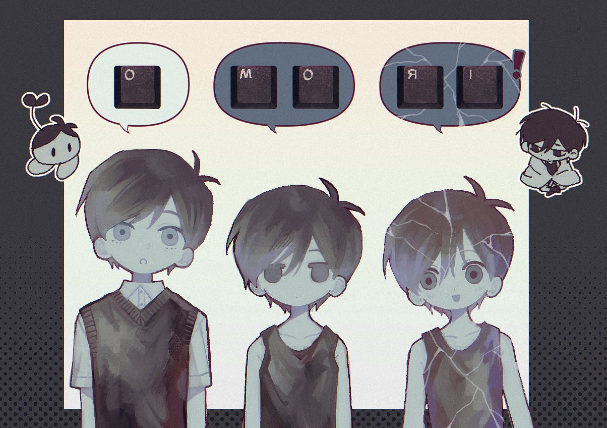4boys, alternate_eye_color, antenna_hair, black_eyes, black_hair, black_sweater_vest, black_tank_top, blanket