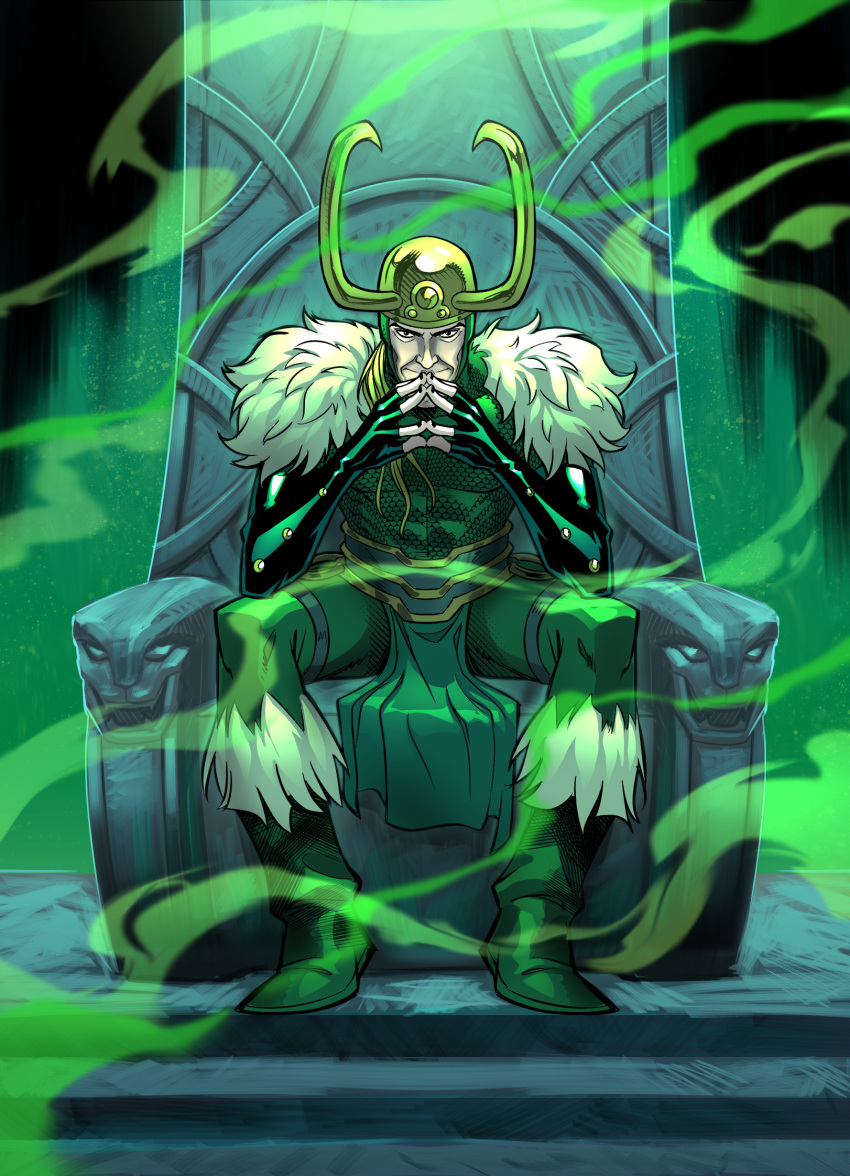 1boy, black_eyes, black_gloves, black_nails, bodysuit, boots, cheekbones, commentary, covered_abs, english_commentary, fake_horns, fingerless_gloves, full_body, fur-trimmed_bodysuit, fur-trimmed_boots, fur_trim, gloves, gold_helmet, green_bodysuit, green_boots, green_loincloth, helmet, highres, horned_helmet, horns, joeyvazquezart, loki_(marvel), looking_at_viewer, male_focus, marvel, mature_male, muscular, muscular_male, o-ring, official_art, pelvic_curtain, scale_print, sitting, sitting_on_throne, solo, steepled_fingers, thor_(marvel)_(series), throne, western_comics_(style)