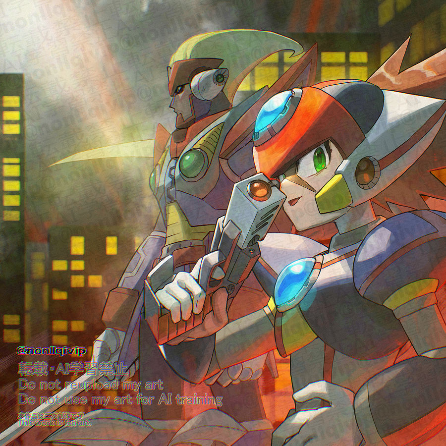 2boys, android, armor, axl_(mega_man), black_armor, blonde_hair, brown_hair, building