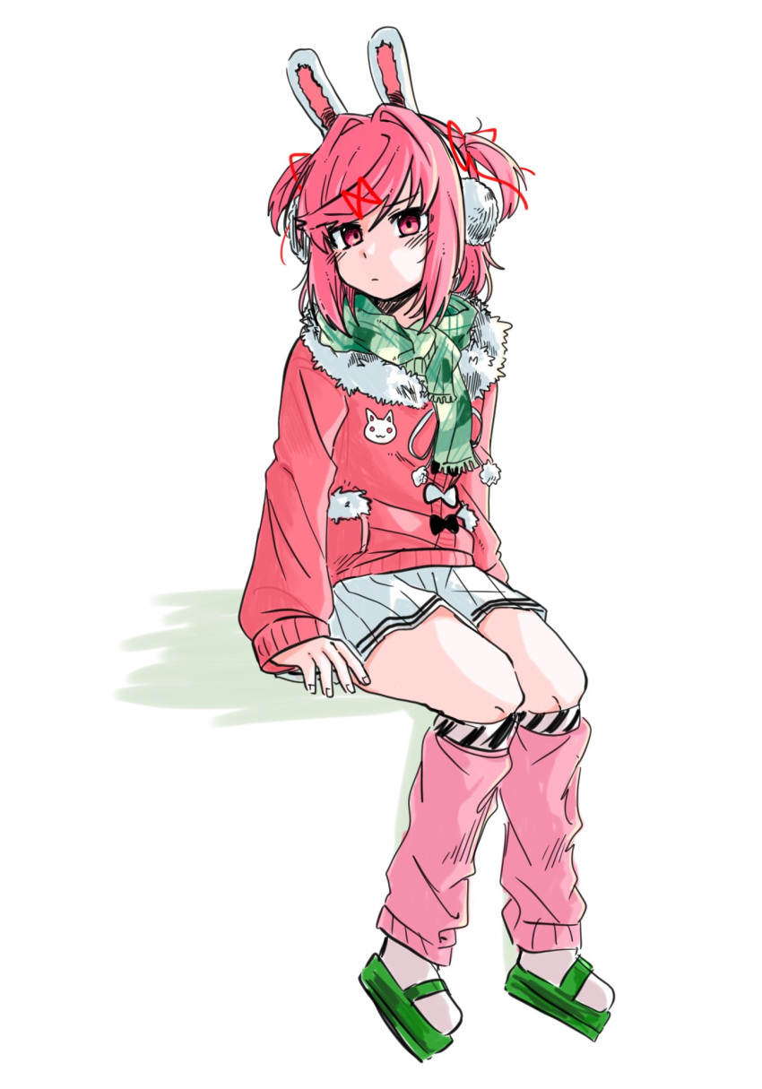 1girl, alternate_costume, animal_ears, cardigan, closed_mouth, doki_doki_literature_club, earmuffs, fake_animal_ears