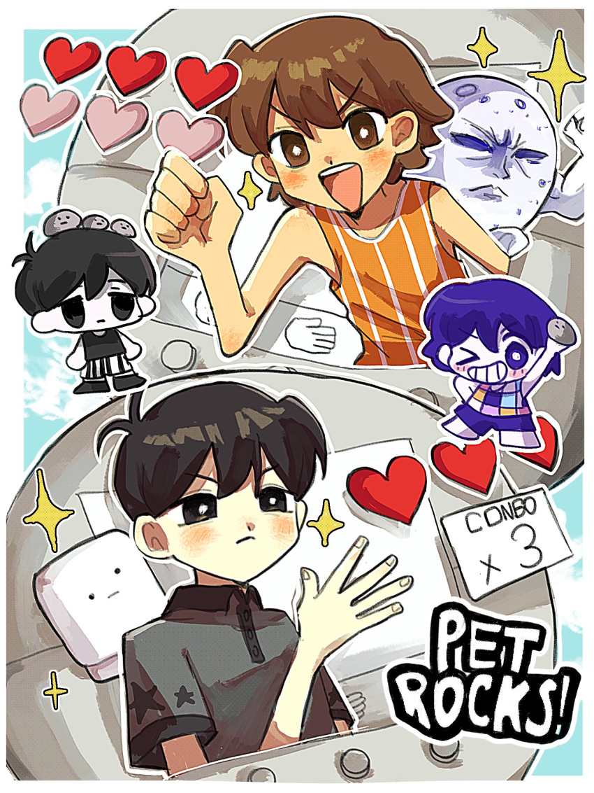 >_o, 5boys, alternate_costume, alternate_eye_color, antenna_hair, arm_up, barefoot, black_eyes