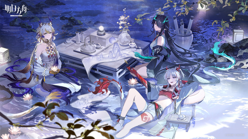 3girls, ameinu, arknights, bare_shoulders, black_hair, chinese_commentary, commentary_request, dragon_girl