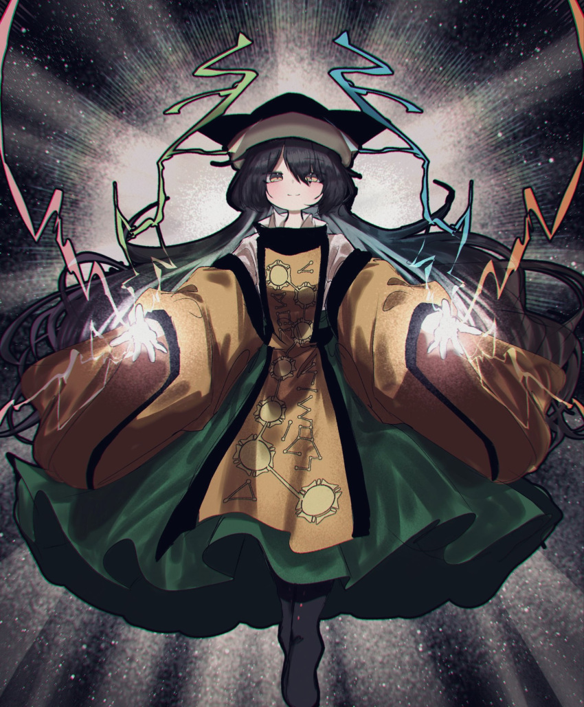 1girl, alternate_hair_color, black_boots, black_hair, black_hat, black_trim, boots, commentary_request