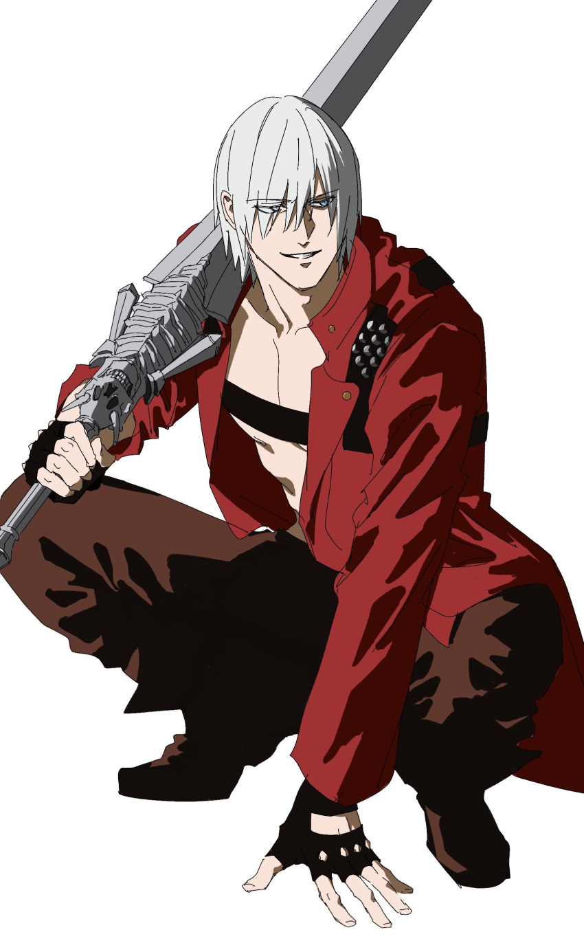 1boy, 420095suzu, absurdres, black_boots, black_gloves, black_pants, blue_eyes, boots, coat, dante_(devil_may_cry), devil_may_cry_(series), devil_may_cry_3, eyes_visible_through_hair, fingerless_gloves, gloves, grin, hand_on_ground, hashtag-only_commentary, highres, holding, holding_sword, holding_weapon, leather, leather_coat, leather_pants, looking_to_the_side, male_focus, pants, red_coat, short_hair, simple_background, smile, smug, solo, squatting, sword, topless_male, weapon, white_background, white_hair